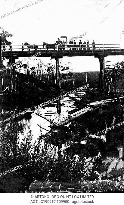 Negative - Warrnambool District, Victoria, circa 1910, People with a horse-drawn wagon on Warrumyea bridge