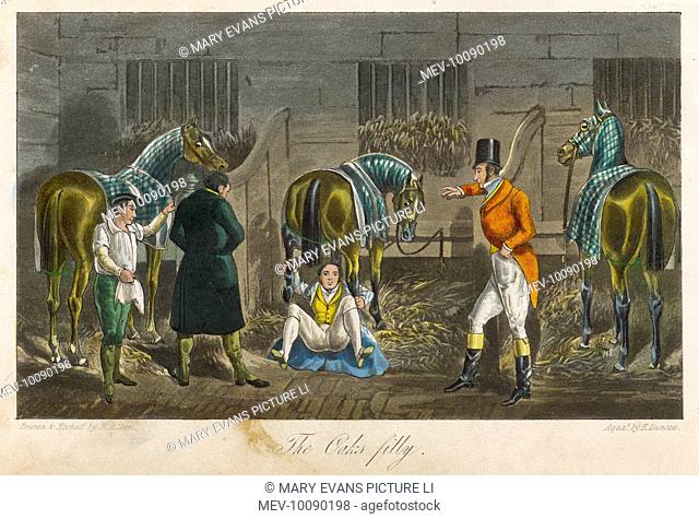 English eccentric John Mytton (1796-1834) sits under a horse's rump and holds onto her hind legs. The other horses in the stable appear perturbed - but not the...