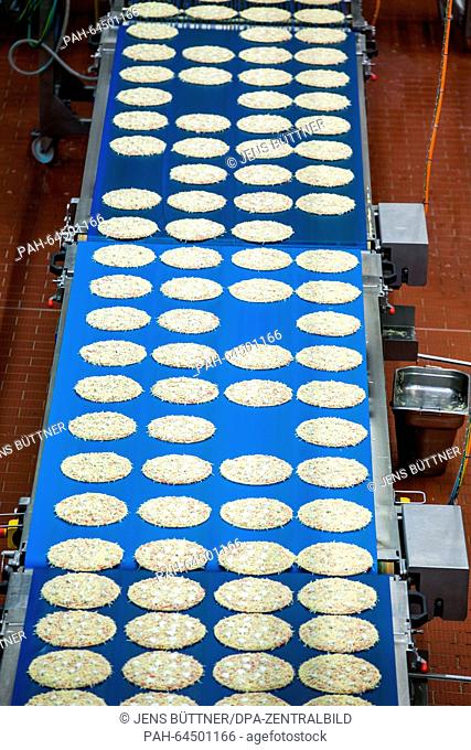 A production line with frozen pizzas at the pizza factory of food company Dr. Oetker in Wittenburg, Germany, 08 Decemeber 2015