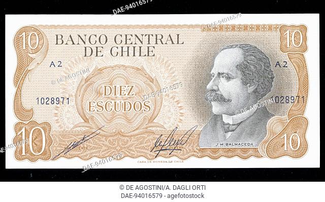 10 escudos banknote, 1967-1976, obverse, Jose Manuel Balmaceda Fernandez (1840-1891). Chile, 20th century