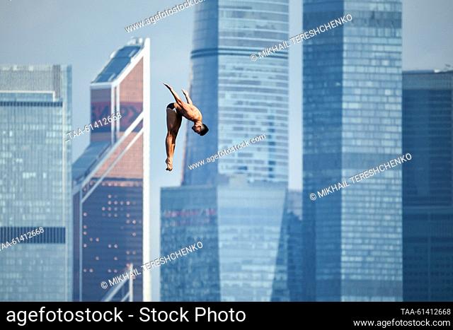 RUSSIA, MOSCOW - AUGUST 27, 2023: Colombia's Miguel Garcia competes in a high diving event at the Open Water water sports festival at the Moskva Rowing Canal