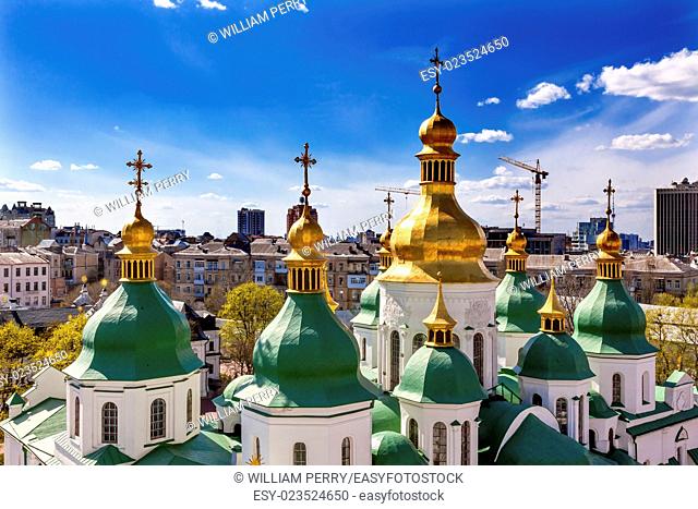 Saint Sophia Sofia Cathedral Spires Towe Golden Dome Sofiyskaya Square Kiev Ukraine. Saint Sophia is oldest Cathedral and Church in Kiev