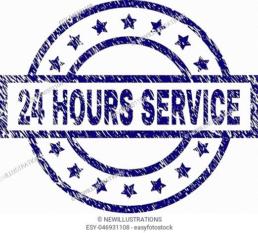 24 HOURS SERVICE stamp seal watermark with distress texture. Designed with rectangle, circles and stars. Blue vector rubber print of 24 HOURS SERVICE title with...