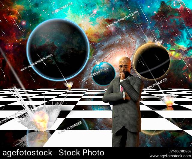 Planetary Armageddon. Massive meteorite - asteroid shower destroy planets. Thinking businessman on chessboard. 3D rendering