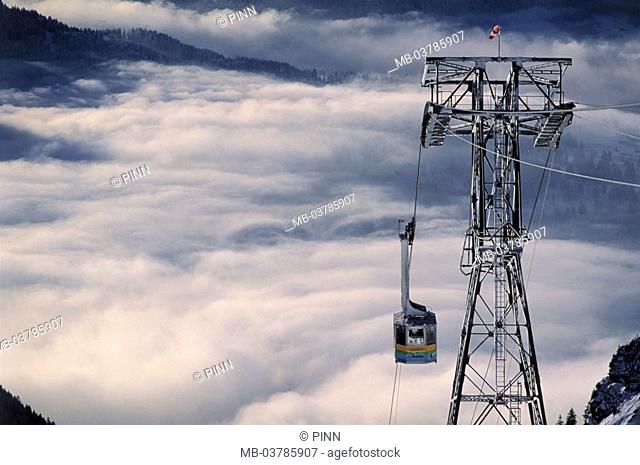 Germany, Bavaria, Oberstdorf,  Fog horn track, Wolkenmeer,  OberAllgaeu, Allgaeuer Alps, fog horn 2224 m, fogs, snow, transportations, passenger transportation