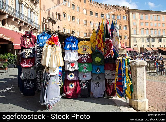 Piazza del Campo, tourists, Fountain Gaia, hotels, restaurants, gasts, gelato, ice cream, . souvenirs, flags, contrada flags,