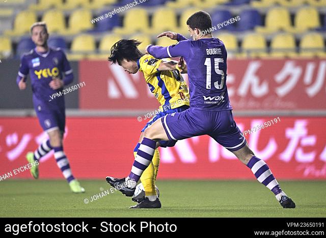 STVV's Daichi Hayashi and Beerschot's Pierre Bourdin fight for the ball during a soccer match between Sint-Truidense VV and Beerschot