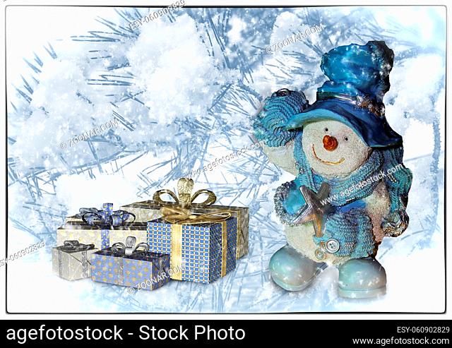 Beautiful Christmas card in vintage style with the image of snowmen