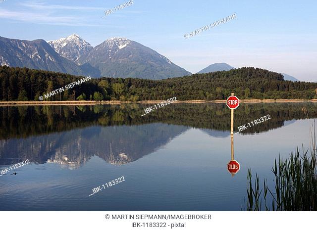 Turnersee lake, stop sign, Karawanken mountains, Carinthia, Austria, Europe