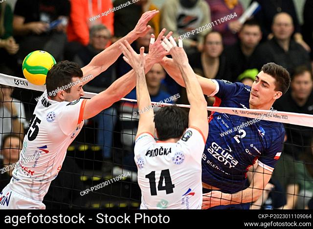 L-R Jakub Ihnat and Vojtech Patocka of Vary and Lukasz Kaczmarek of Kozle in action during the men's Volleyball Champions League, 5th round, group D