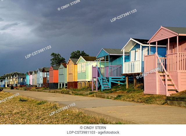 England, Kent, Whitstable. Beach huts along the seafront at Whitstable