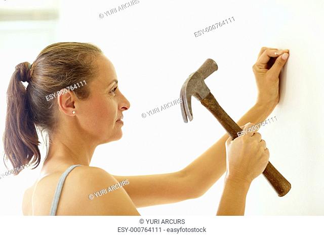 Middle aged woman hitting a nail into a wall using a hammer, Stock Photo,  Picture And Low Budget Royalty Free Image. Pic. ESY-000764111 | agefotostock
