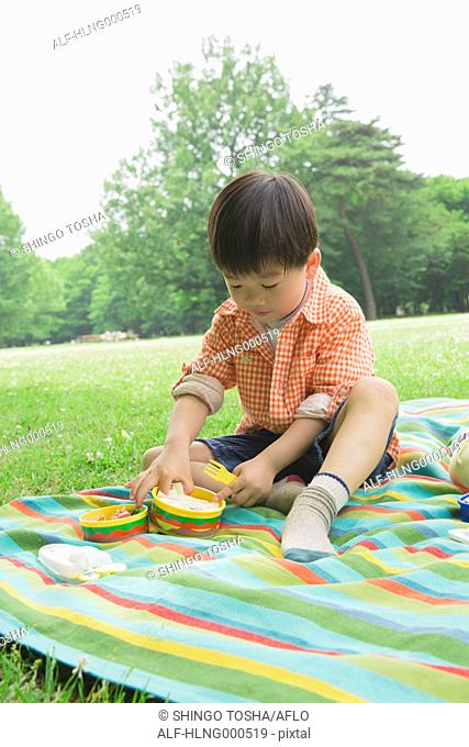 Japanese kid having picnic in a park