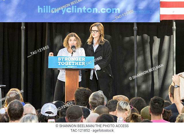 Actresses America Ferrera and Amber Tamblyn speaks to the crowd at a GOTV rally on November 6th 2016 at the College of Southern Nevada's Northern Campus in Las...