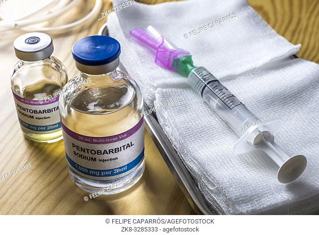 Vial with pentobarbital Sodium injection used for euthanasia and lethal inyecion in a hospital, conceptual image