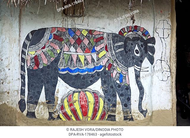 Elephant Painting on wall Madhubani Bihar India Asia