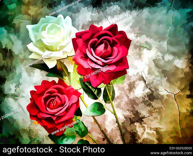 Abstract image of three artificial roses in the style of painting. Presented in close-up