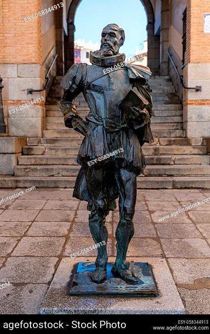 Toledo, Spain - 28 February, 2021: statue of Miguel de Cervantes in Toledo