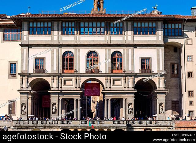 FLORENCE, ITALY - APRIL 14, 2013: The southern side of the museum Uffizi Gallery at the end of the square known as the Strada delle Magistrature