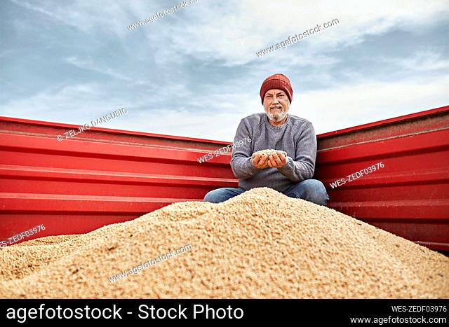 Smiling farmer examining soybean while sitting in tractor against clear sky