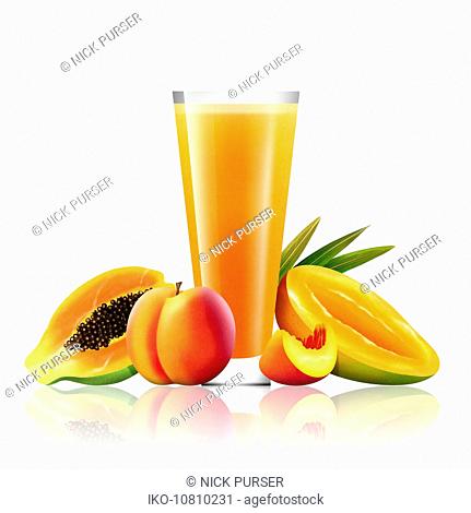 Fresh mango, peach and papaya with glass of juice