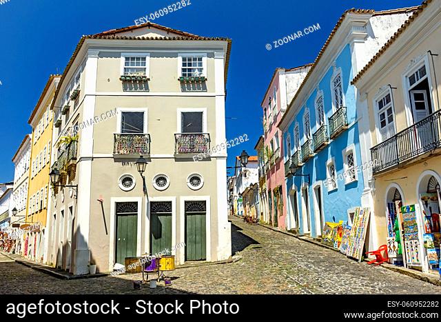 Colorful houses, facades and cobblestone slopes in the traditional Pelourinho neighborhood of Salvador, Bahia