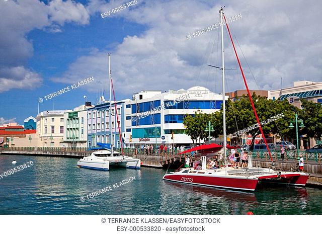 The marina with colorful buildings in the port of Bridgetown, Barbados, West Indies