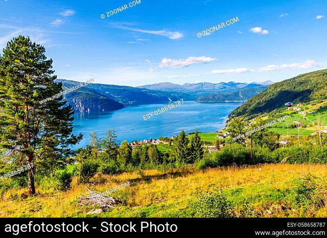 Landscape with scenic view on small village Utvik and Nordfjord in Norway, Nordfjord offers one of the finest Norwegian scenery