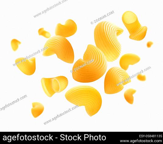 Italian pasta levitating on a white background