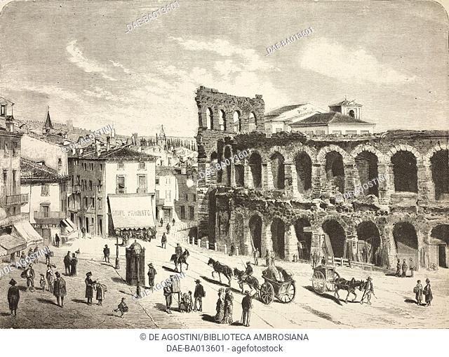 The Arena of Verona and its square, Veneto, Italy, illustration from the weekly Rivista Illustrata (Illustrated Magazine), No 253, November 4, 1883