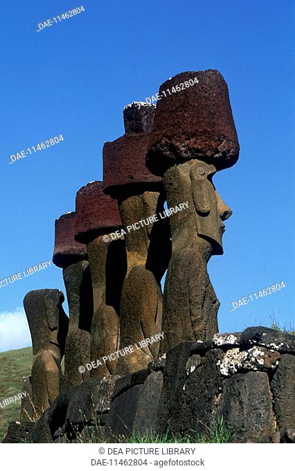 Chile, Easter Island. Rapa-Nui National Park (UNESCO World Heritage Site, 1995). Moais(megalithic anthropomorphic statues). Ahu Nau Nau