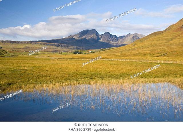 View from Loch Cill Chriosd to the Cuillin Hills, the peak of Bla Bheinn Blaven prominent, near Torrin, Isle of Skye, Highland, Scotland, United Kingdom, Europe