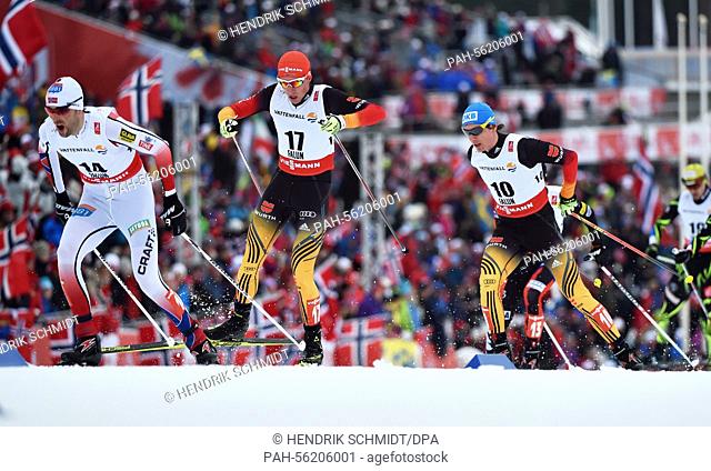 (L-R) Magnus Moan of Norway, Johannes Rydzek of Germany and Tino Edelmann of Germany in action during the Nordic Combined Individual Large Hill / 10 km...