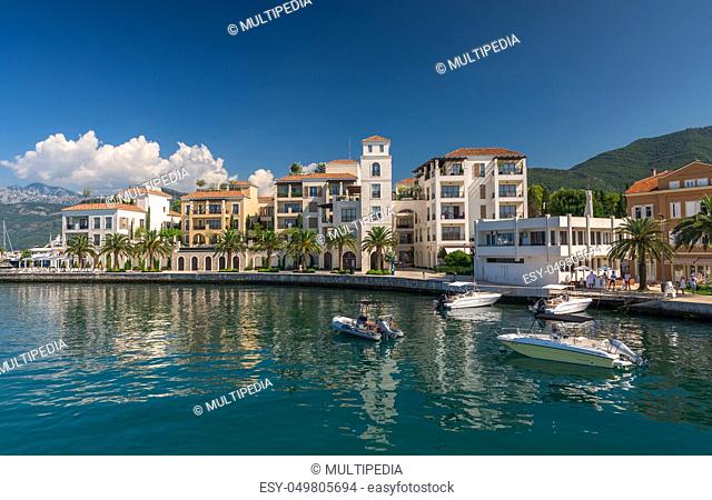 Tivat, Montenegro - 07.11.2018. Embankment of Tivat city, Montenegro, in a sunny summer day. The beginning of the cruise on the Bay of Kotor