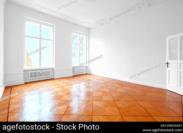 empty room, new flat old building wooden floor and stucco -