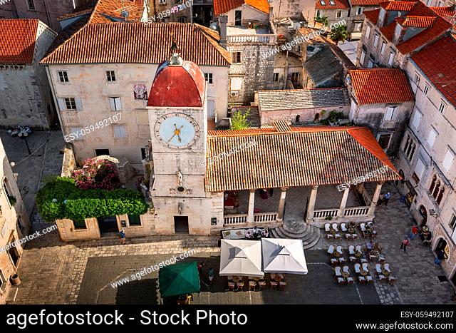 Aerial View of Saint Sebastian Church in the Center of Trogir, Dalmatia, Croatia