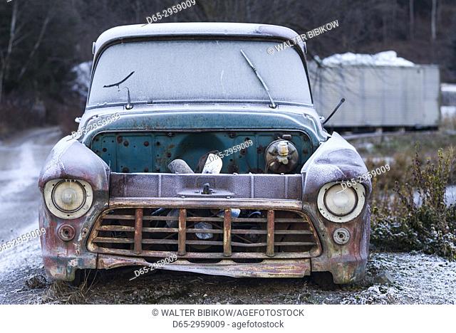 Austria, Tyrol, Haiming, 1950's Chevrolet pickup truck, winter