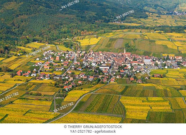 France, Haut Rhin 68, Wines road, village of Riquewihr, classified most French beautiful village aerial view