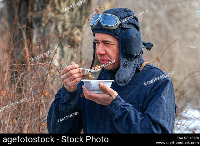 RUSSIA, VOLGOGRAD - FEBRUARY 2, 2023: A man takes part in a historical reenactment during a celebration of the 80th anniversary of the victory in the WWII...