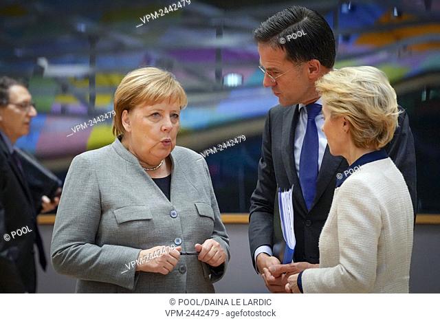 Chancellor of Germany Angela Merkel, Prime Minister of the Netherlands Mark Rutte and European Commission president Ursula Von der Leyen pictured during the...