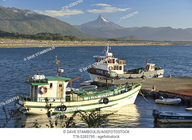 View of Corcovado Volcano across the bay from Chaiten, Patagonia, Region de los Lagos, Chile