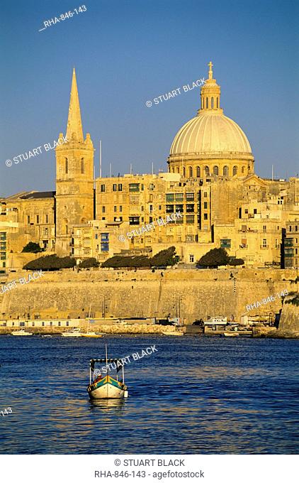 View at sunset to Valletta with Dome of Carmelite Church, Valletta, Malta, Mediterranean, Europe