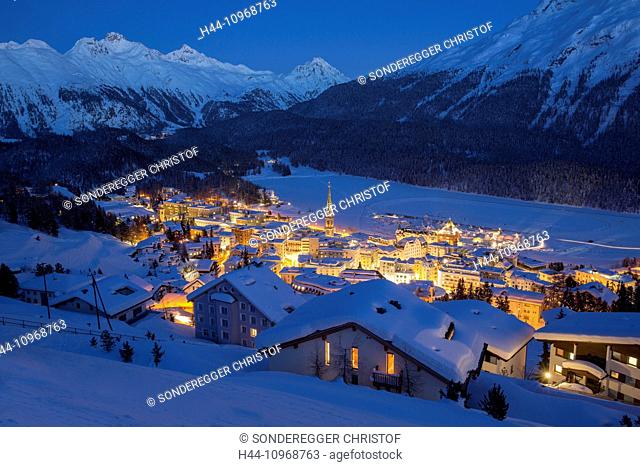 Engadin, Engadine, Saint Moritz, St. Moritz, village, night, dark, town, city, canton, GR, Graubünden, Grisons, Upper Engadine, Switzerland, Europe, evening