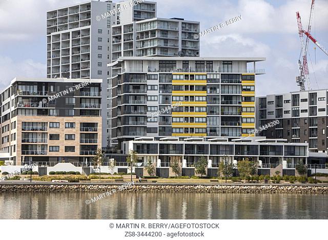 Waterfront apartments in the Sydney suburb of Rhodes beside the Parramatta river, Sydney, Australia