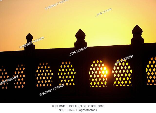 Carved balustrade, haveli, sunset, Phalodi, Rajasthan, India