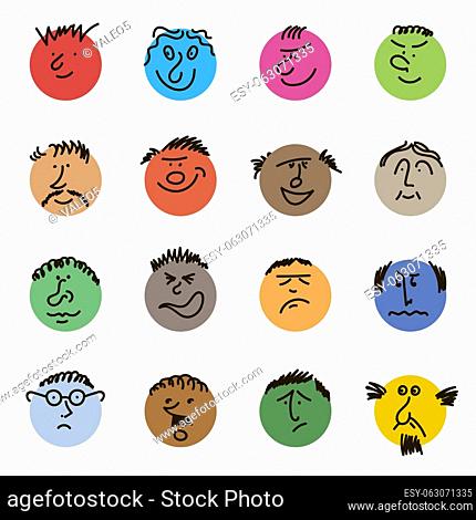 Colored Doodle Heads. Round comic Faces with various Emotions. Crayon drawing style. Different colorful characters. Cartoon style people