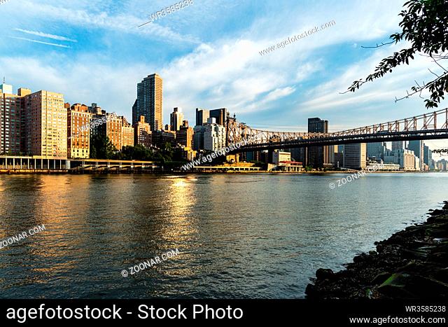 New York City / USA - JUL 31 2018: Queensboro Bridge and midtown view from Roosevelt Island in the early morning