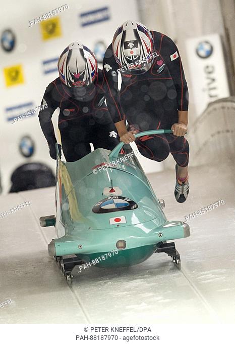 The Japanese bobsleigh team with Konomi Asazu (front) and Mutumi Sakauchi in action during the 1st two-women run of the FIBT World Championship 2017 in Schoenau...