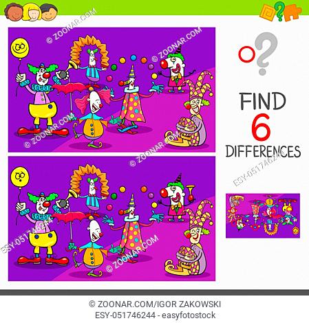 Cartoon Illustration of Find and Spot Six Differences Between Pictures Educational Activity Game for Kids with Clown Characters Group