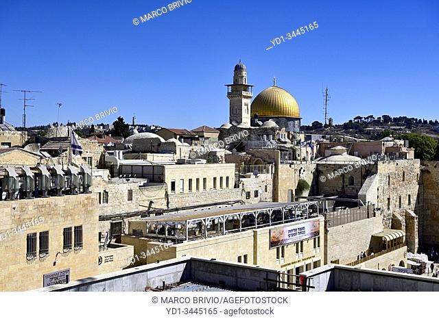 Jerusalem Israel. Elevated view of Temple Mount, Dome of the Rock, Wailing Wall